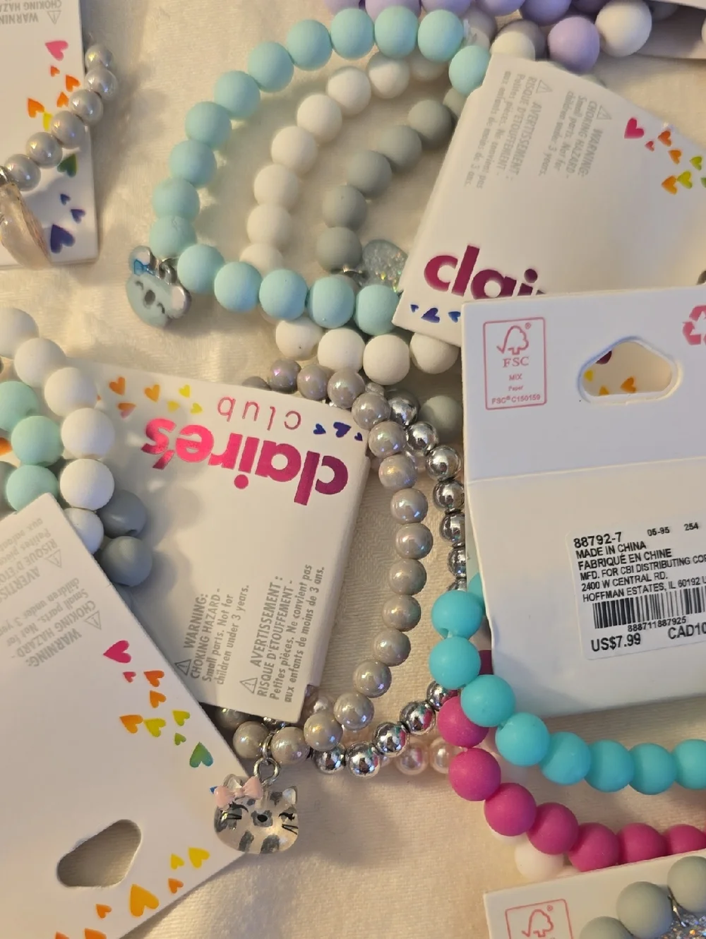23 Sets Claire's Girls Pastel Beaded Stretch Bracelet, Each Set Has 3, Charms